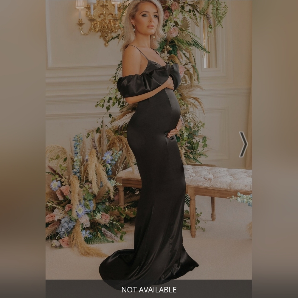 Black Maternity Plunge Ruffle Satin Maxi Dress by Club London